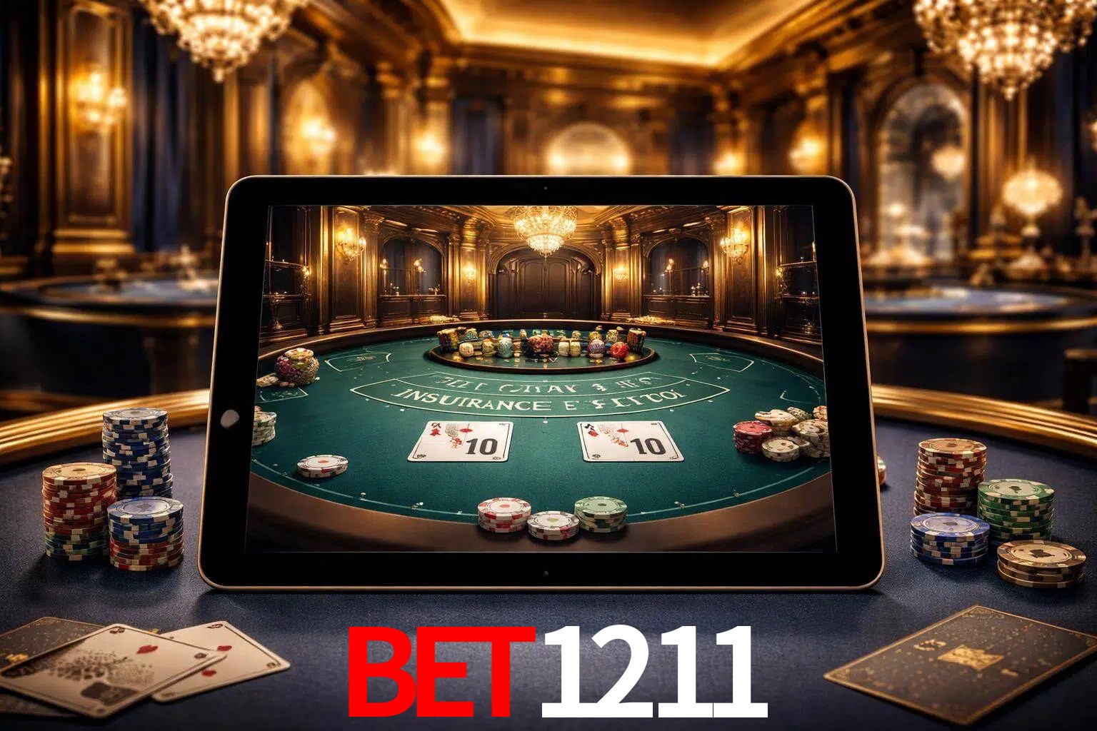 Configuración moderna de casino en vivo con una tableta mostrando una mesa de blackjack, luces cálidas de estudio y una atmósfera elegante de juegos digitales.