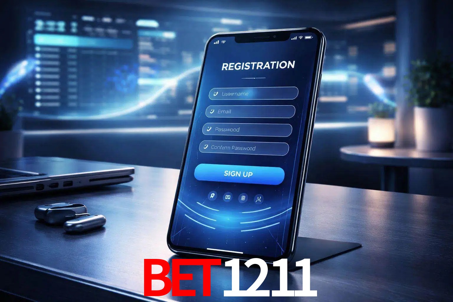Una interfaz moderna de registro móvil para BET1211 mostrada en un smartphone con un panel de apuestas elegante.